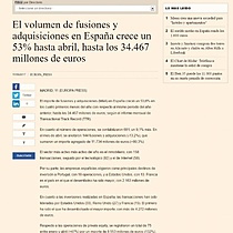 El volumen de fusiones y adquisiciones en Espaa crece un 53% hasta abril, hasta los 34.467 millones de euros